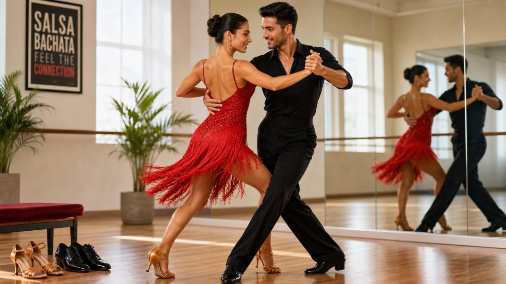 Dance couple practicing salsa and bachata steps in a studio