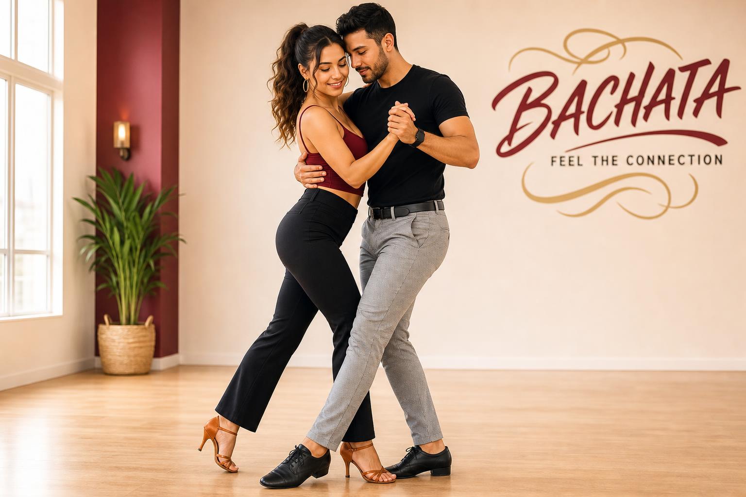 Beginner couple practicing bachata basic steps in a dance studio