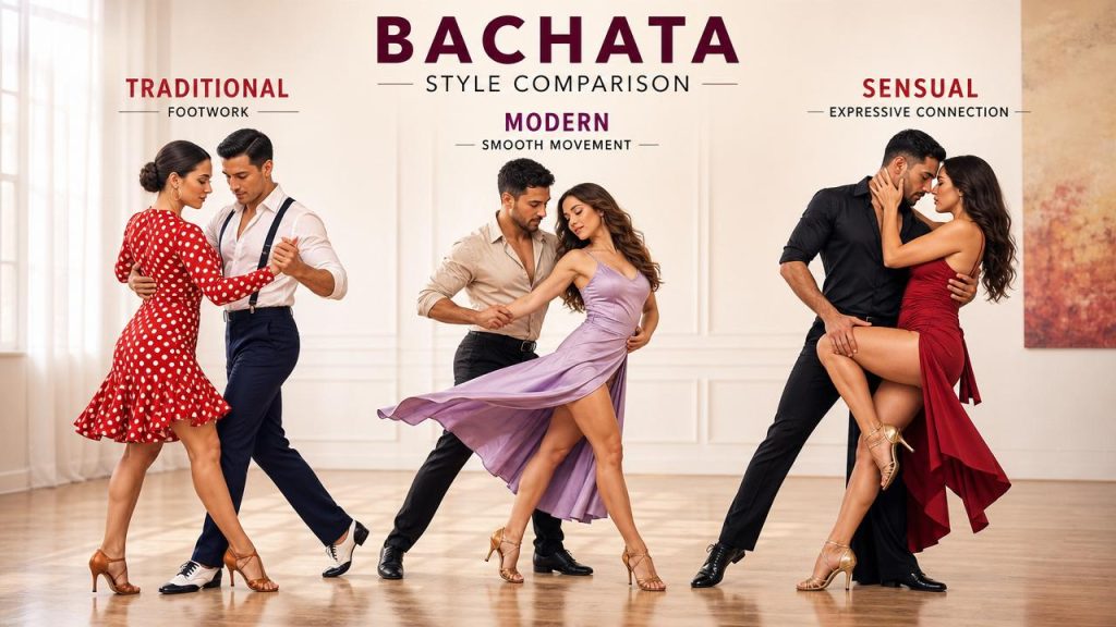 Dancers demonstrating traditional, modern, and sensual bachata styles in a studio
