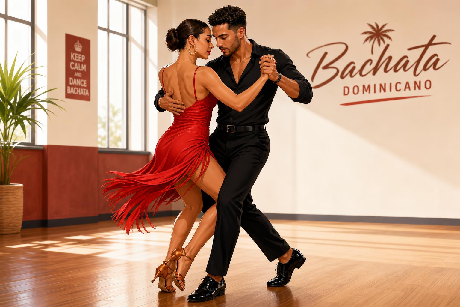 Bachata dancers practicing traditional Dominican footwork in a studio
