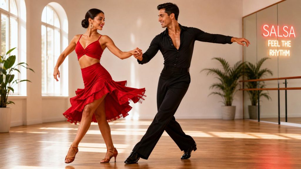 Salsa dancers practicing timing, connection, and basic patterns on a social dance floor