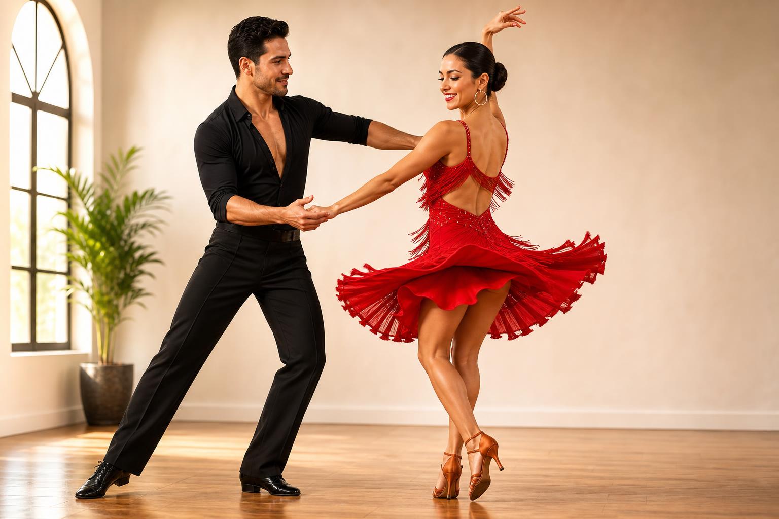Dancer performing salsa footwork and a spin in studio