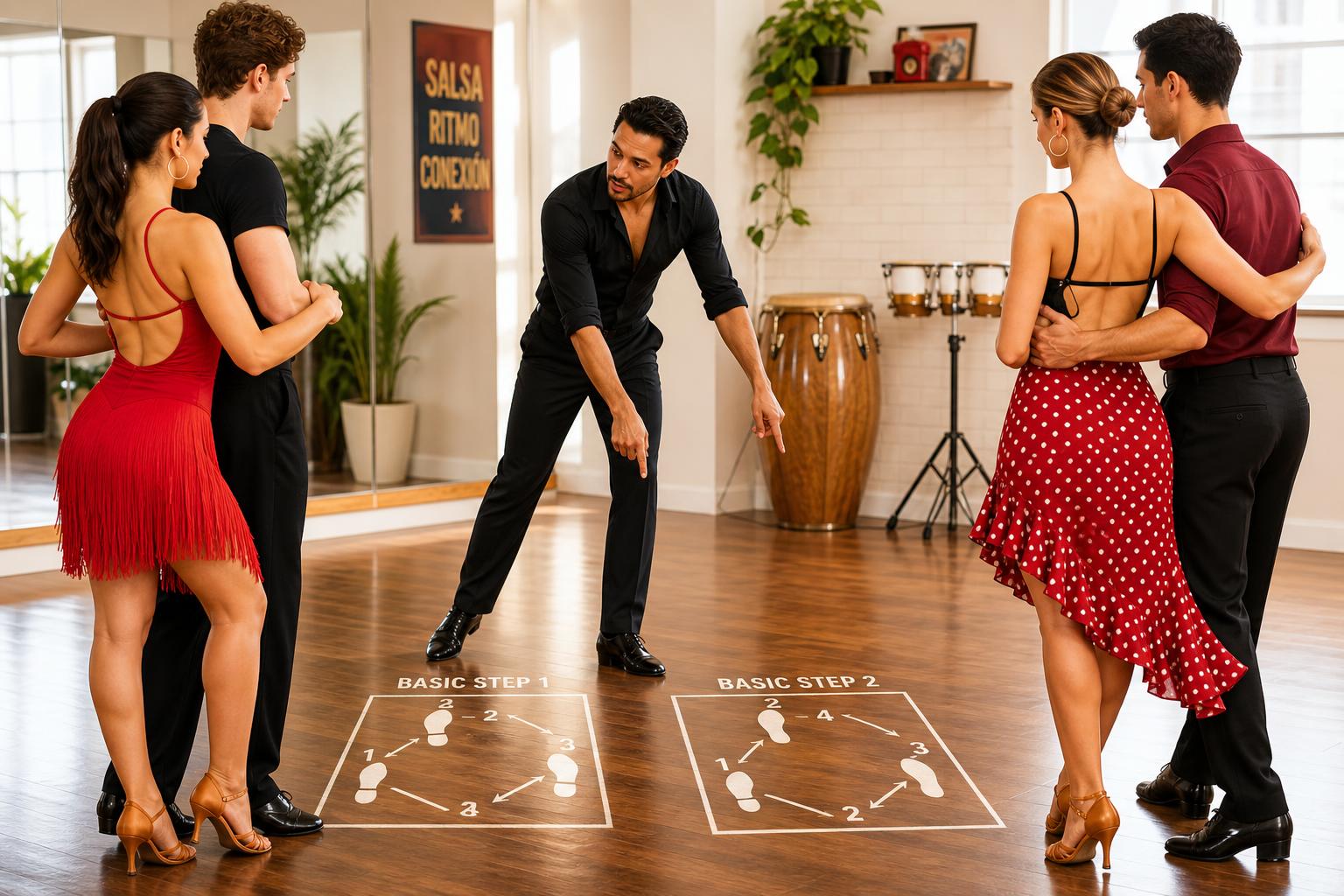 Salsa instructor demonstrating On1 and On2 timing to students