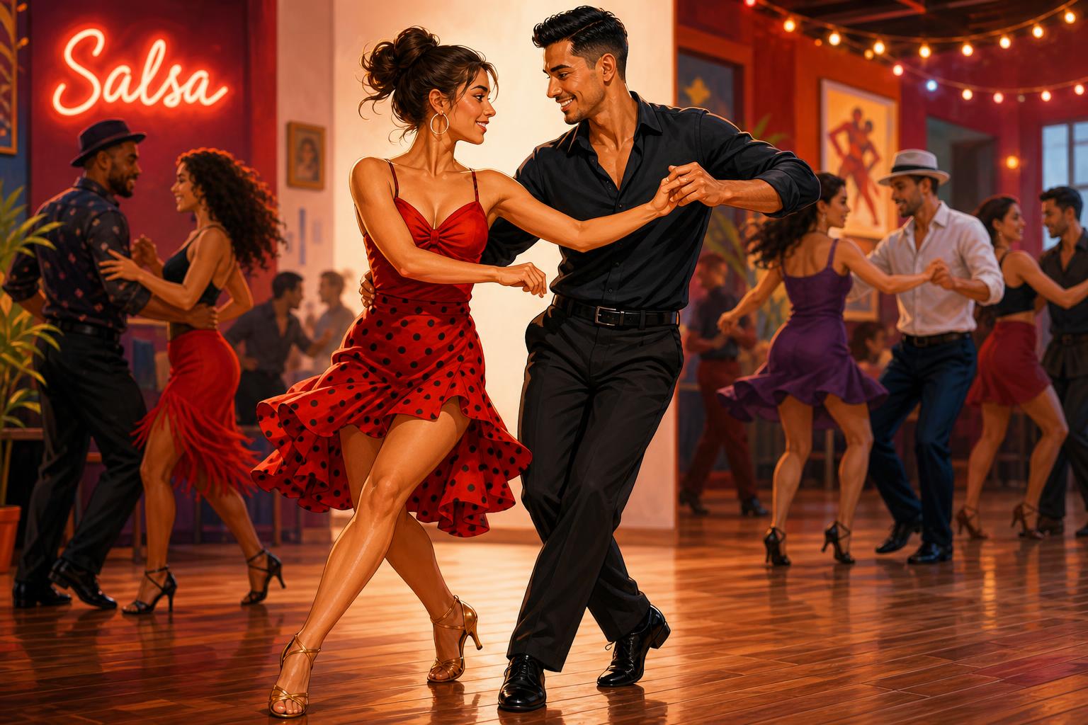 Beginner practicing salsa basics with a partner on a social dance floor
