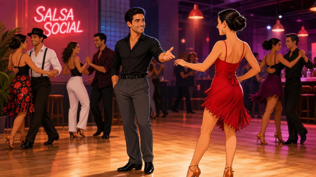 Beginner salsa dancers asking, accepting, and leaving dances politely at a social event