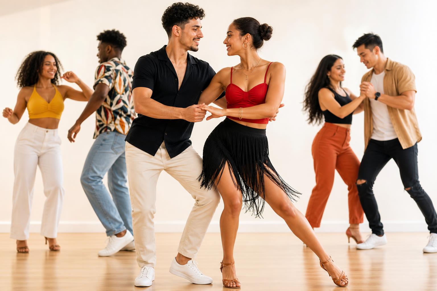 Salsa partners demonstrating compact floorcraft and clear connection at a busy social