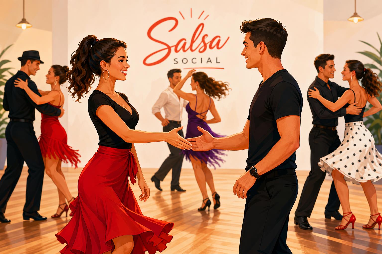 Beginners rotating respectfully on a busy salsa social dance floor