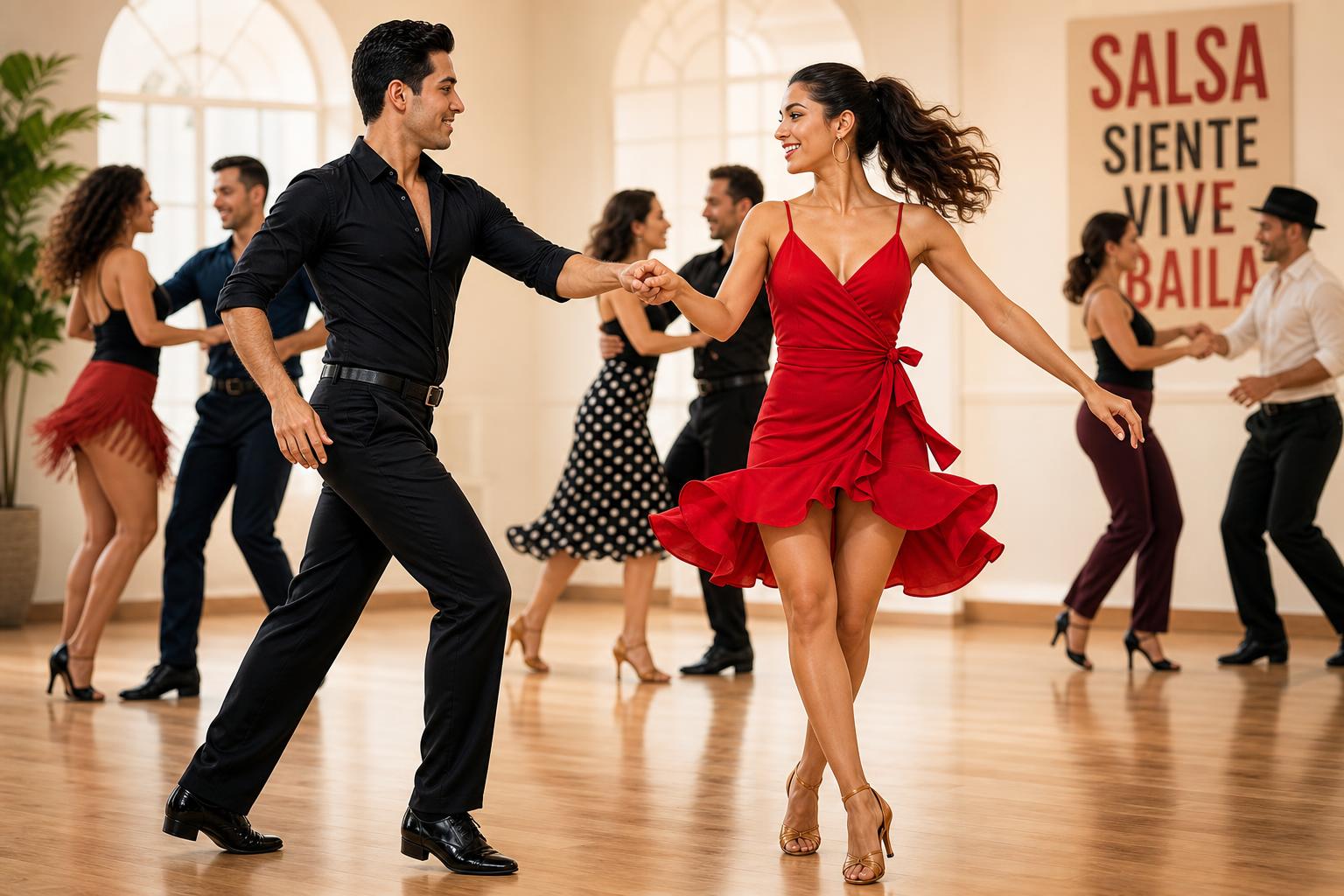 Salsa couple practicing basic patterns on a social dance floor