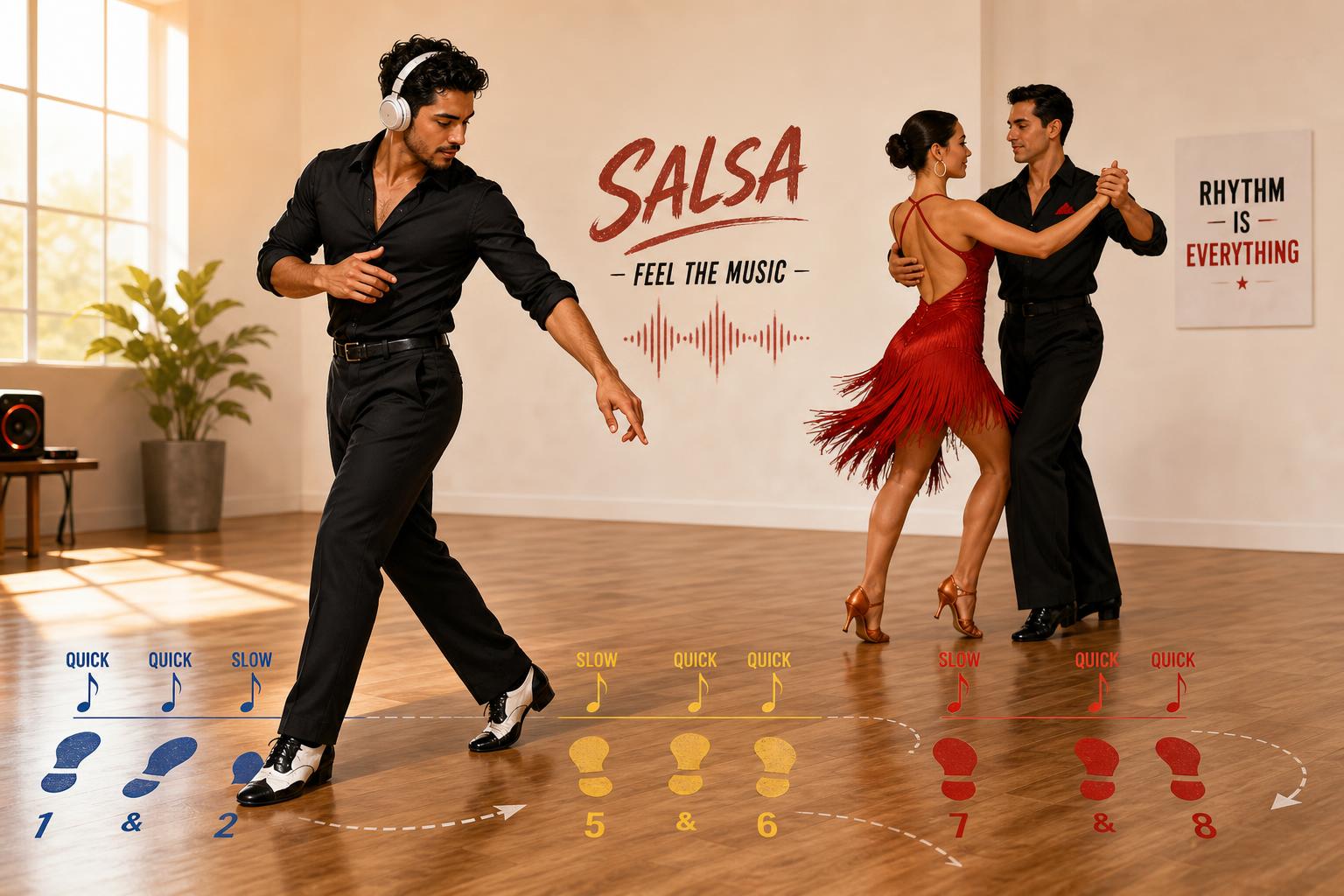 Salsa dancer practicing timing choices for different song styles
