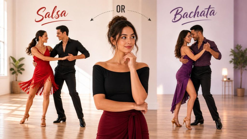 Beginner social dancers comparing salsa and bachata basics in a Latin dance studio