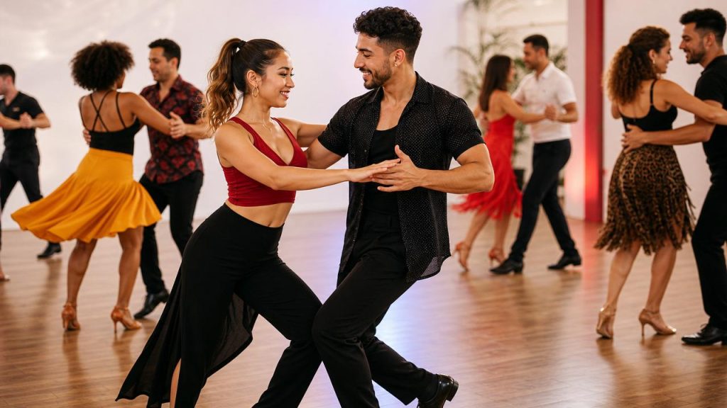 Leader and follower practicing respectful social dance etiquette on a crowded dance floor