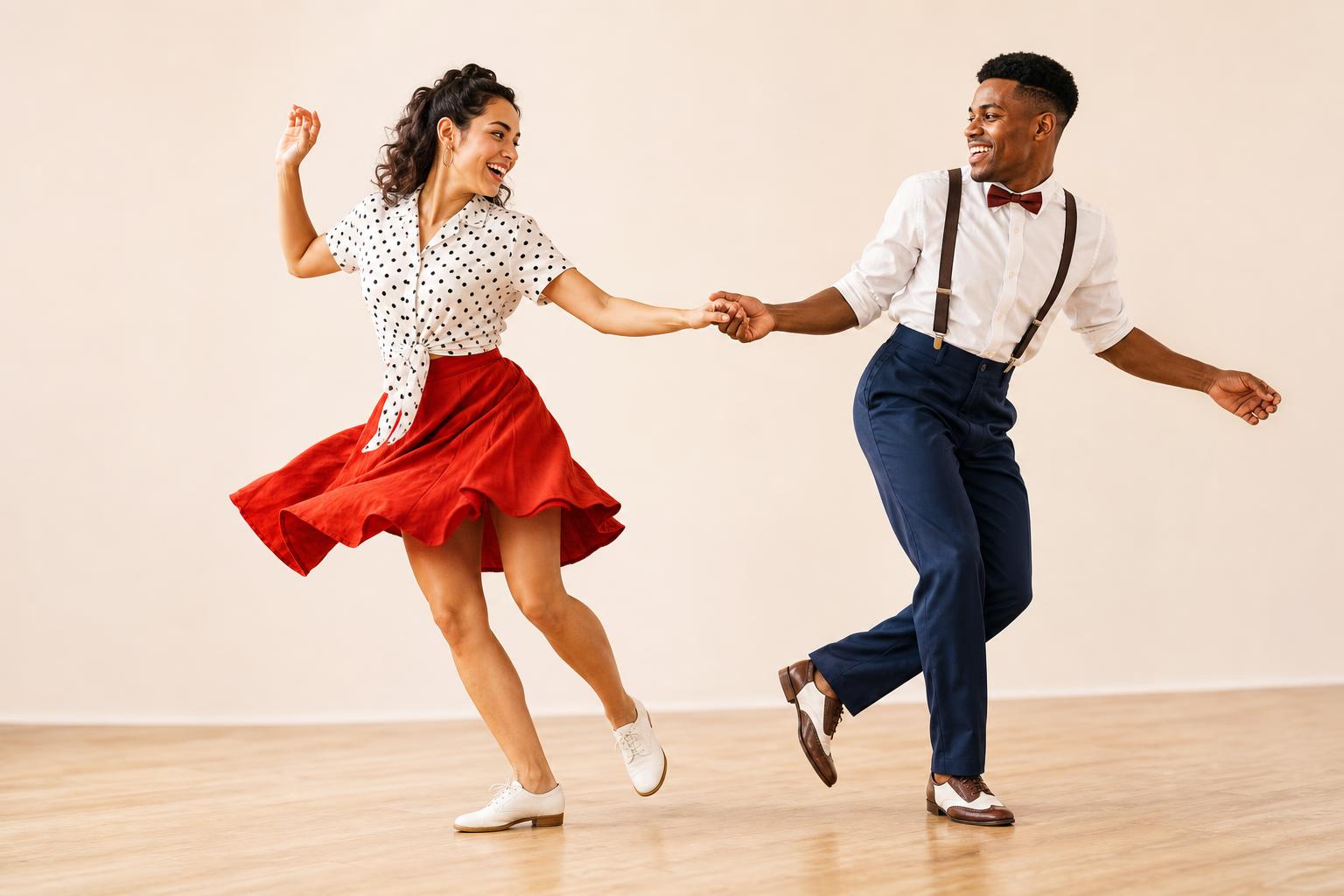 Swing partners showing responsive connection and respectful space at a social dance