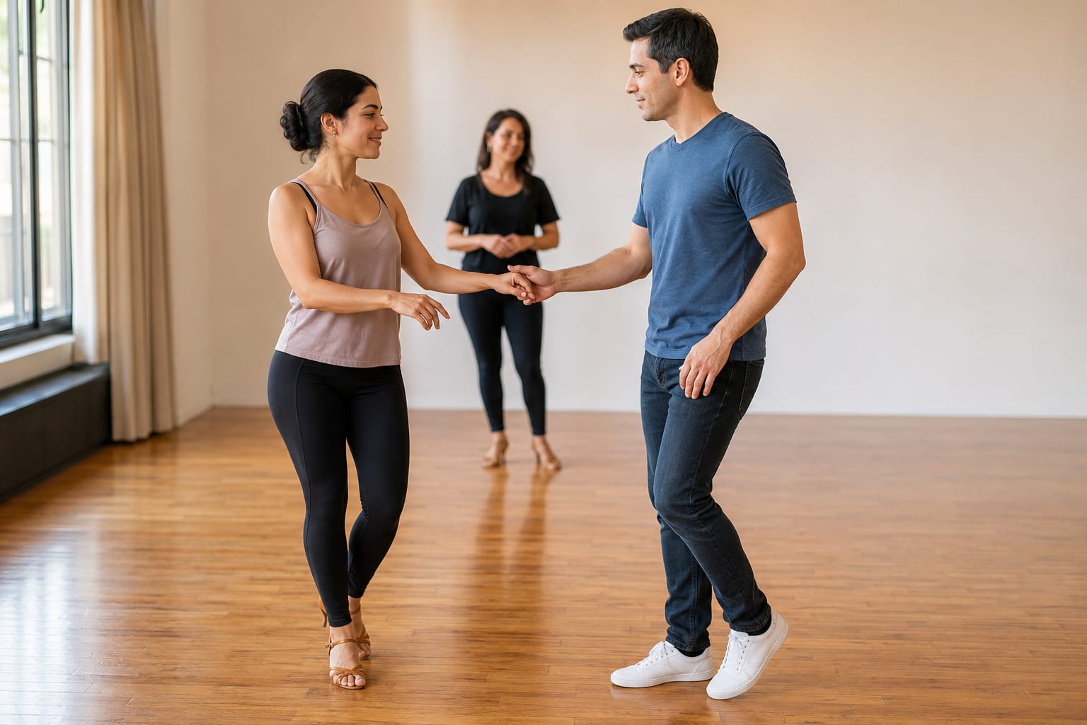 Beginner bachata couple practicing the side basic in a dance studio