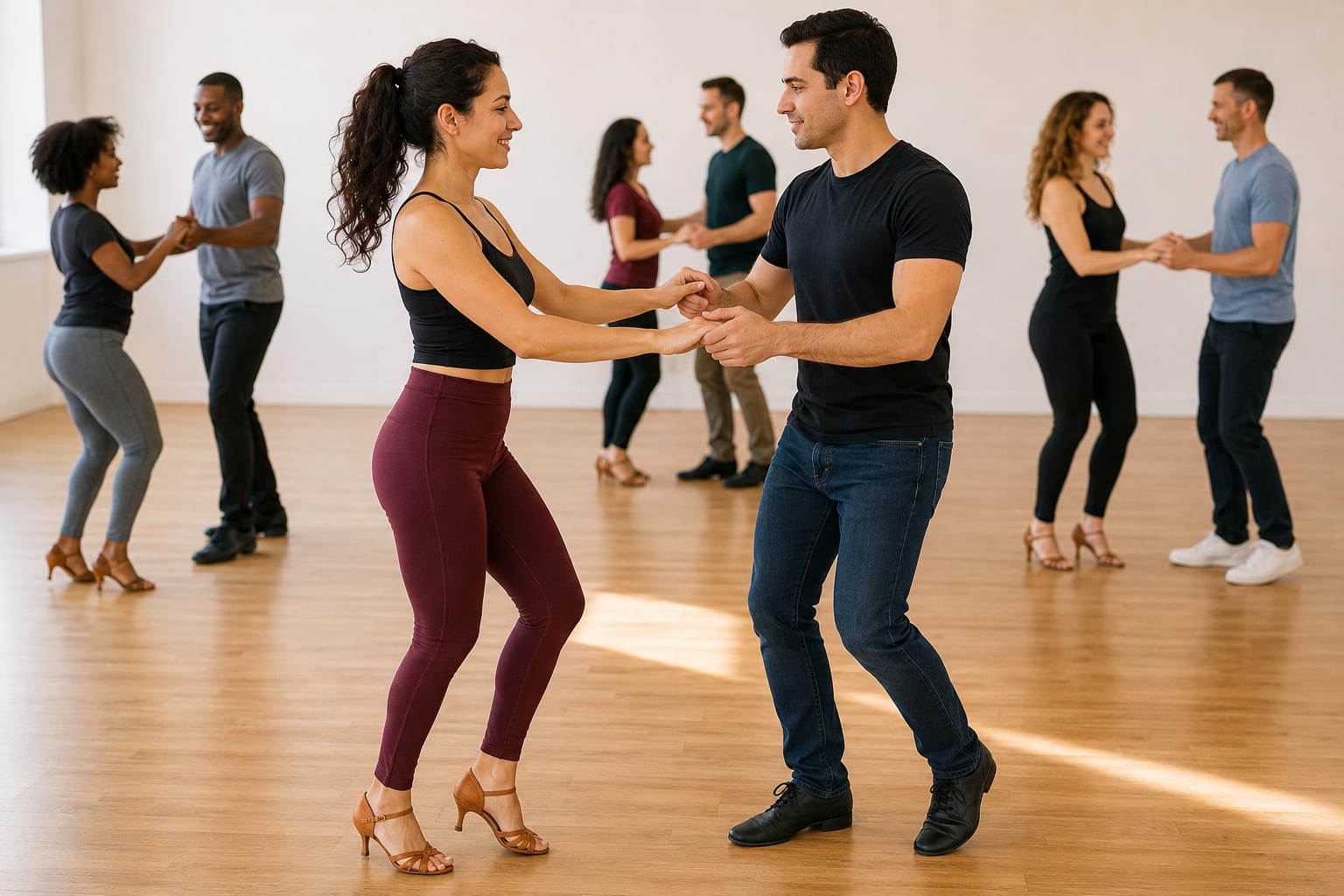 Beginner salsa couple practicing a basic step in a group class