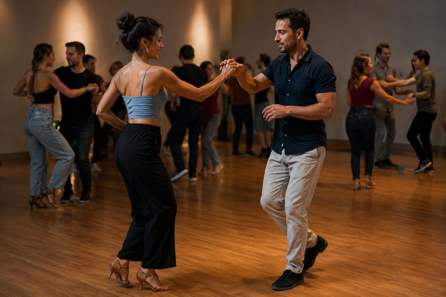 Salsa couple practicing a compact cross-body lead at a social