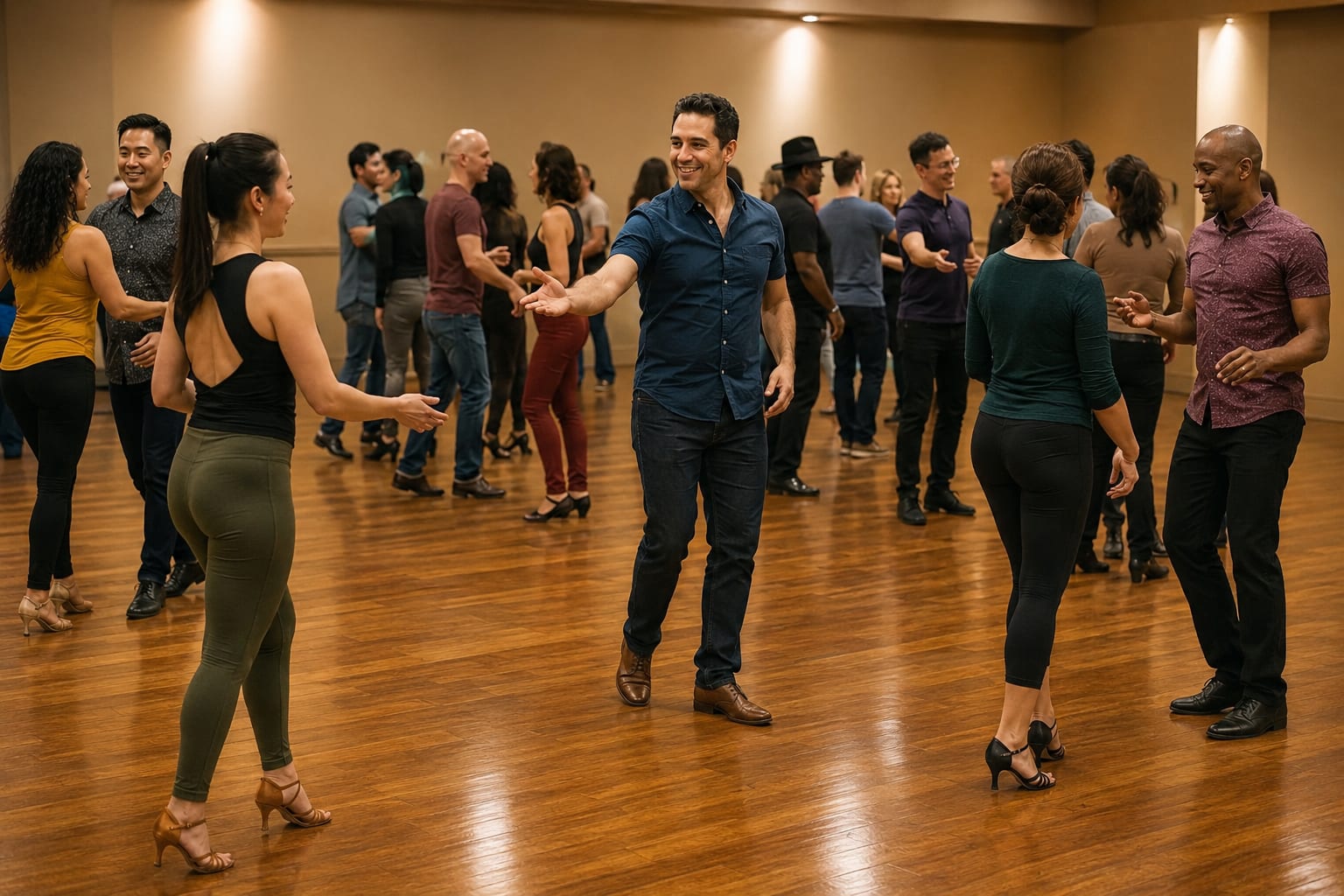 Adult salsa dancers politely changing partners between songs