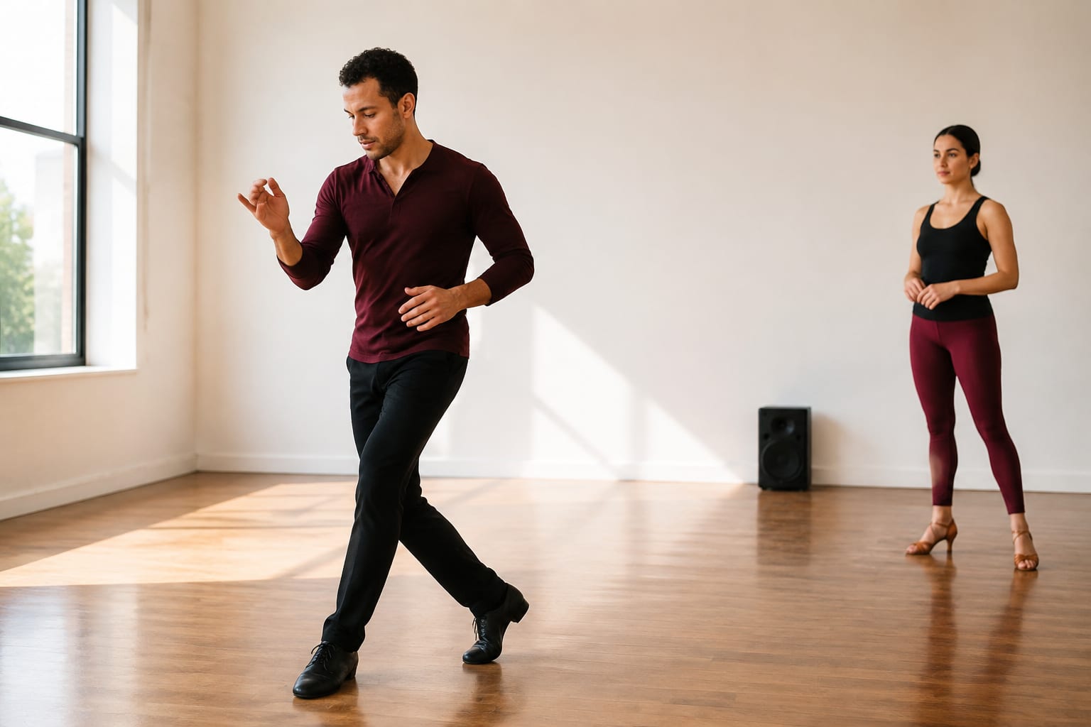Salsa dancer marking timing alone while a partner waits nearby