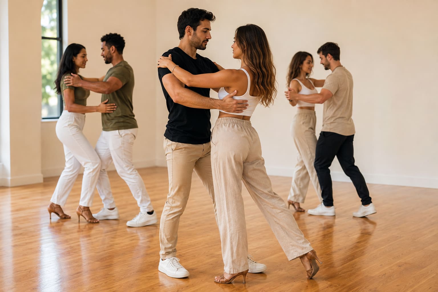 Adult bachata class practising partner connection in a bright studio