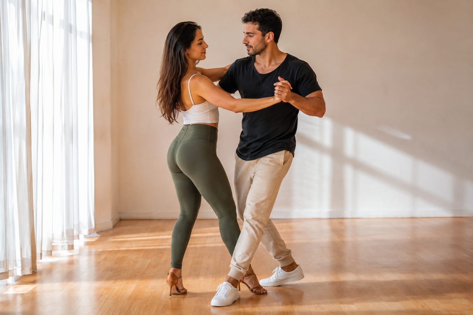 Bachata partners practising a basic step in a bright studio