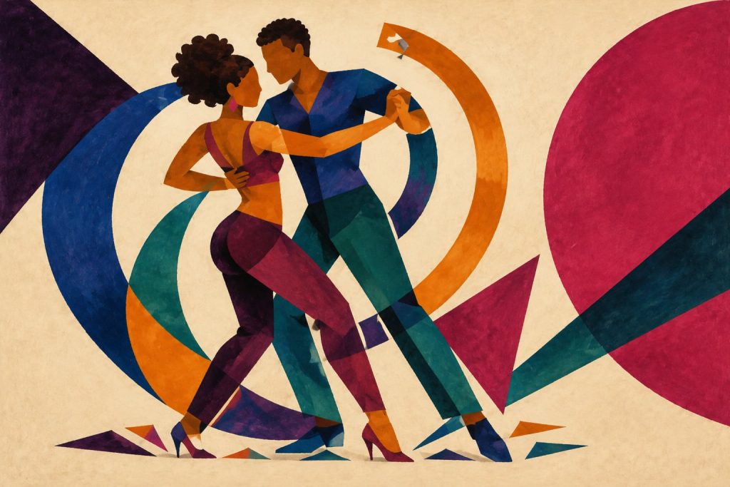 Geometric painting of a bachata couple surrounded by overlapping circular forms
