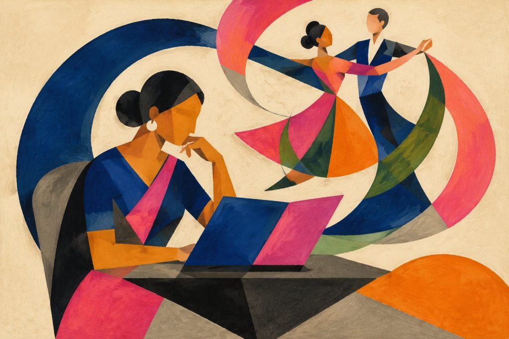 Geometric painting of a dancer learning from an open screen with ballroom movement forms above