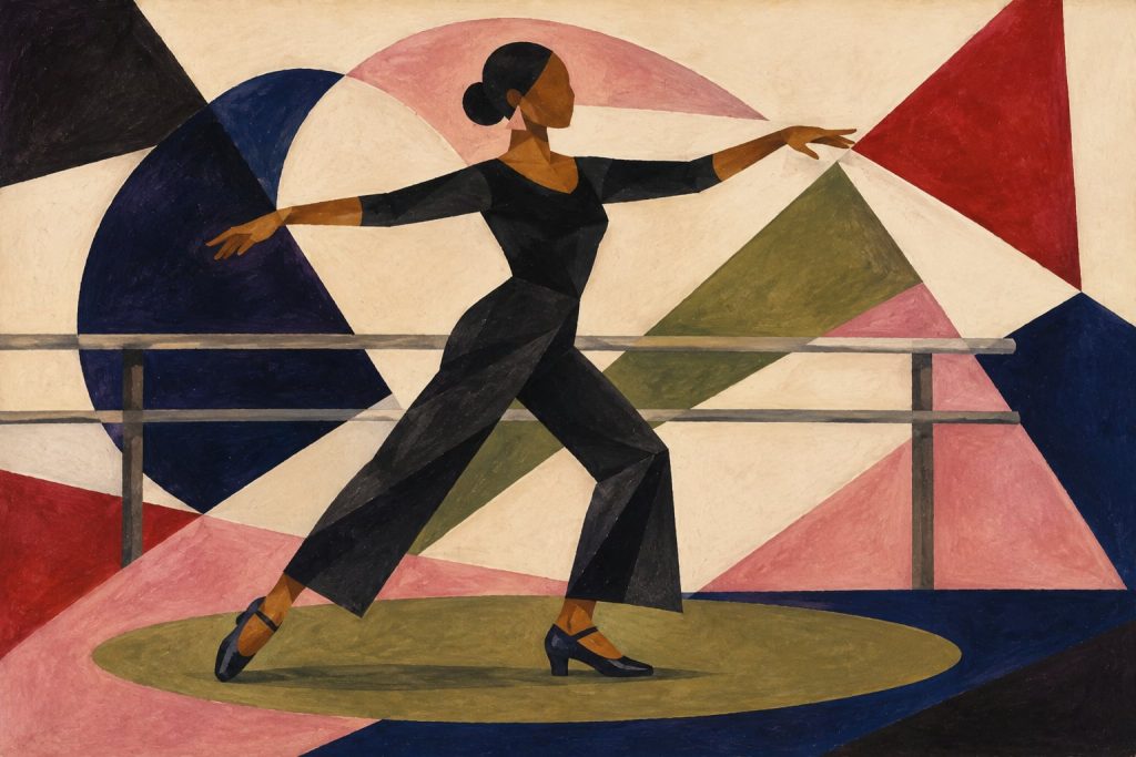 Geometric painting of a Black ballroom teacher practising in low-heeled shoes