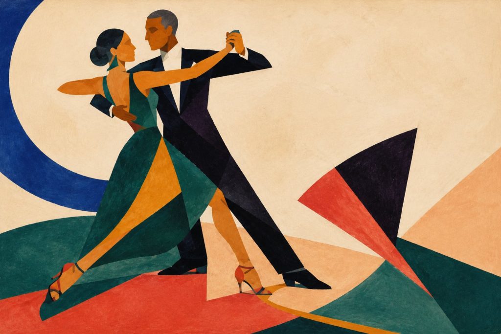 Geometric painting of a ballroom couple dancing in contrasting shoe styles