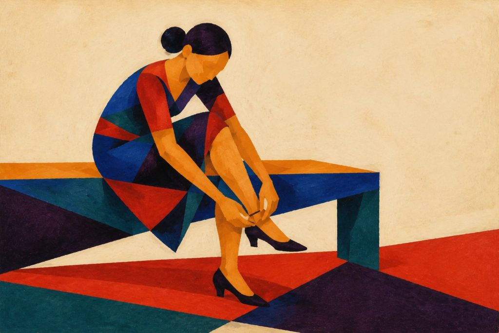 Geometric painting of a seated dancer checking the heel fit of a ballroom shoe