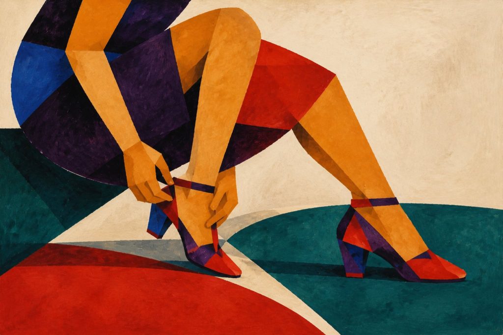 Geometric painting of a dancer fastening one salsa shoe and testing the other foot