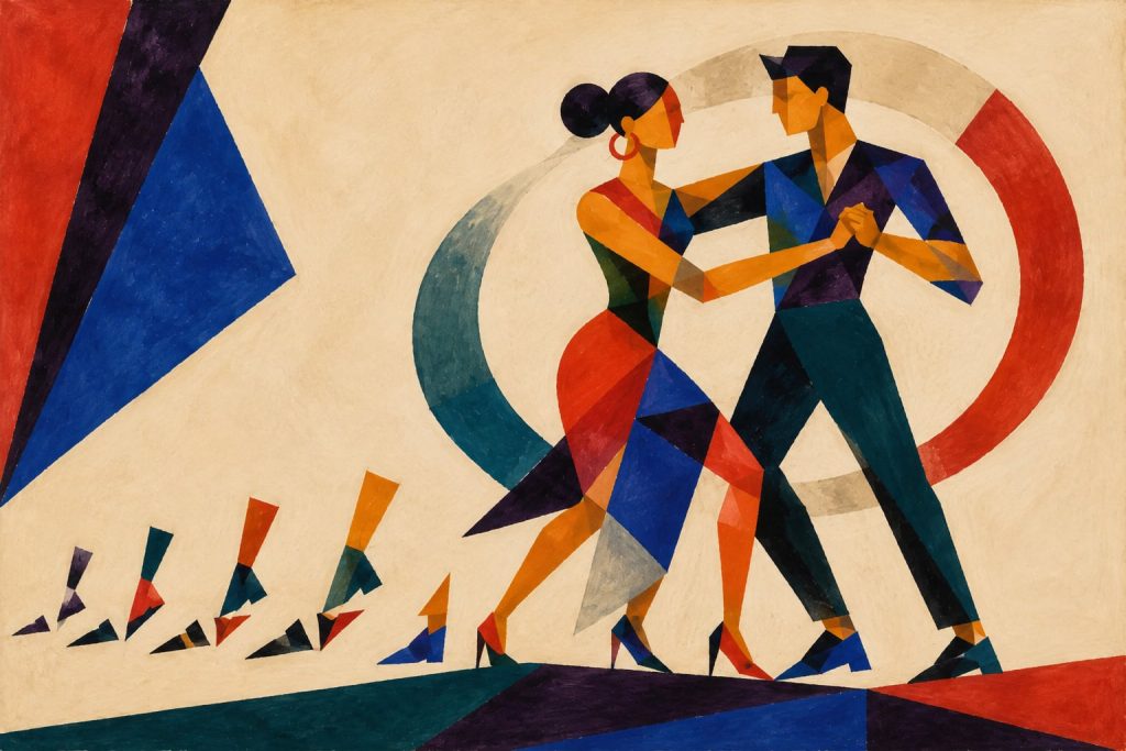 Geometric painting of a salsa couple with increasingly aligned foot shapes