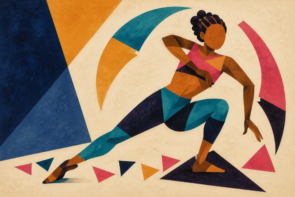 Geometric painting of a Black jazz dancer in a grounded angular movement