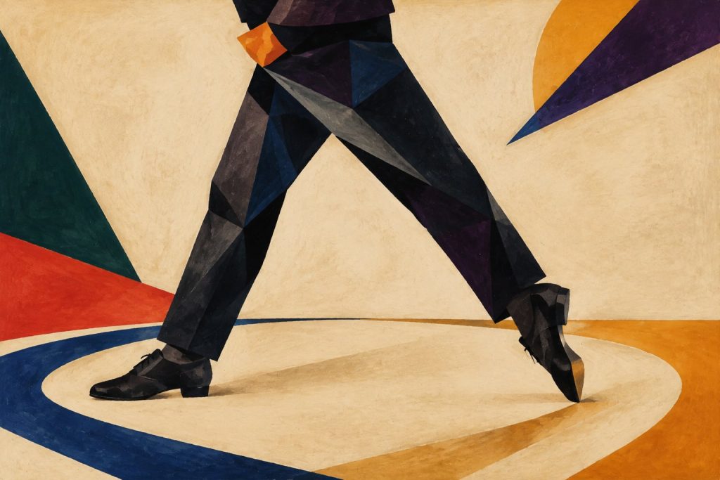 Geometric painting of a ballroom dancer shifting weight through two formal dance shoes
