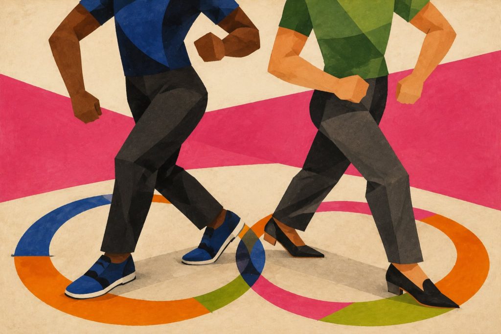 Geometric painting comparing a dance sneaker and a low-heeled salsa shoe in motion