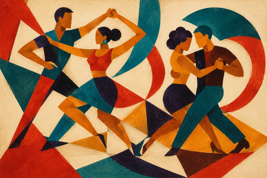 Geometric painting of salsa and bachata couples moving through overlapping forms