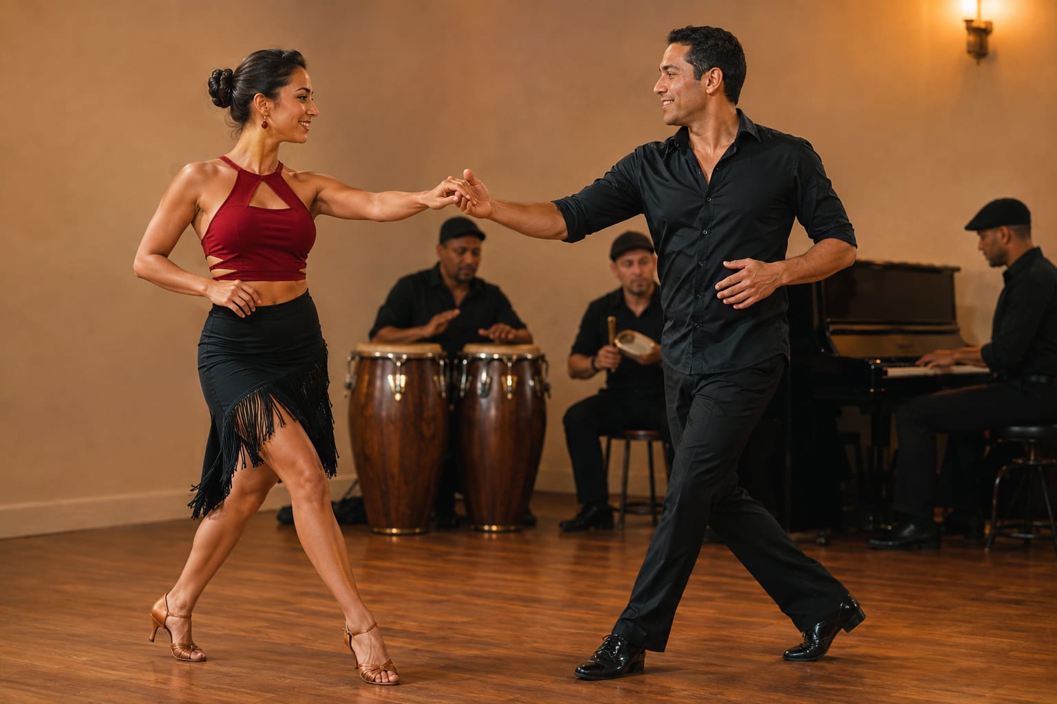 Salsa couple dancing in front of conga and piano musicians