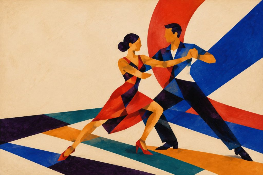 Geometric painting of a salsa couple dancing across two offset floor paths