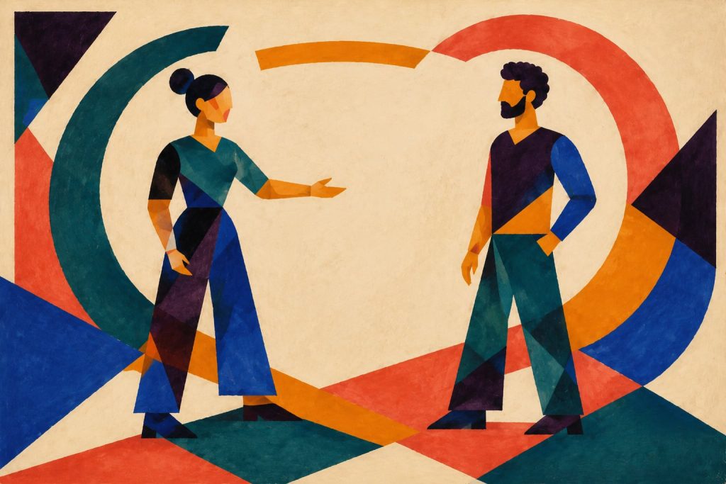 Geometric painting of two dancers leaving respectful space during an invitation