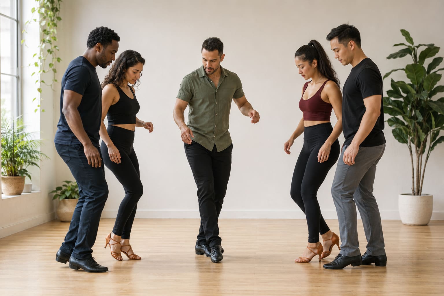 Salsa instructor demonstrating basic weight transfer to two adult couples