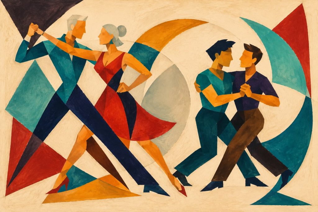 Geometric painting comparing an open salsa couple with a compact bachata couple