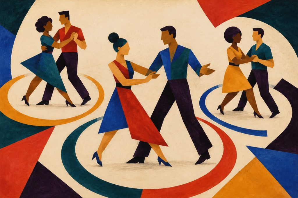 Geometric painting of three diverse couples sharing separate areas of a social dance floor