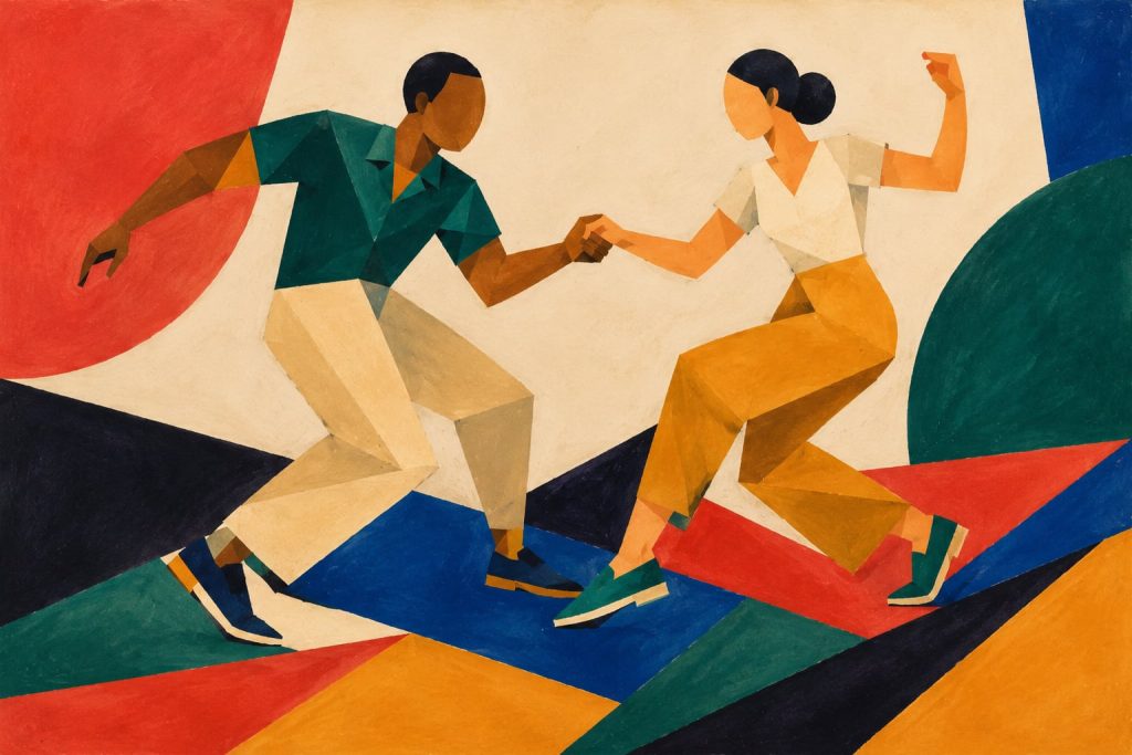 Geometric painting of a swing couple dancing in practical low-profile shoes