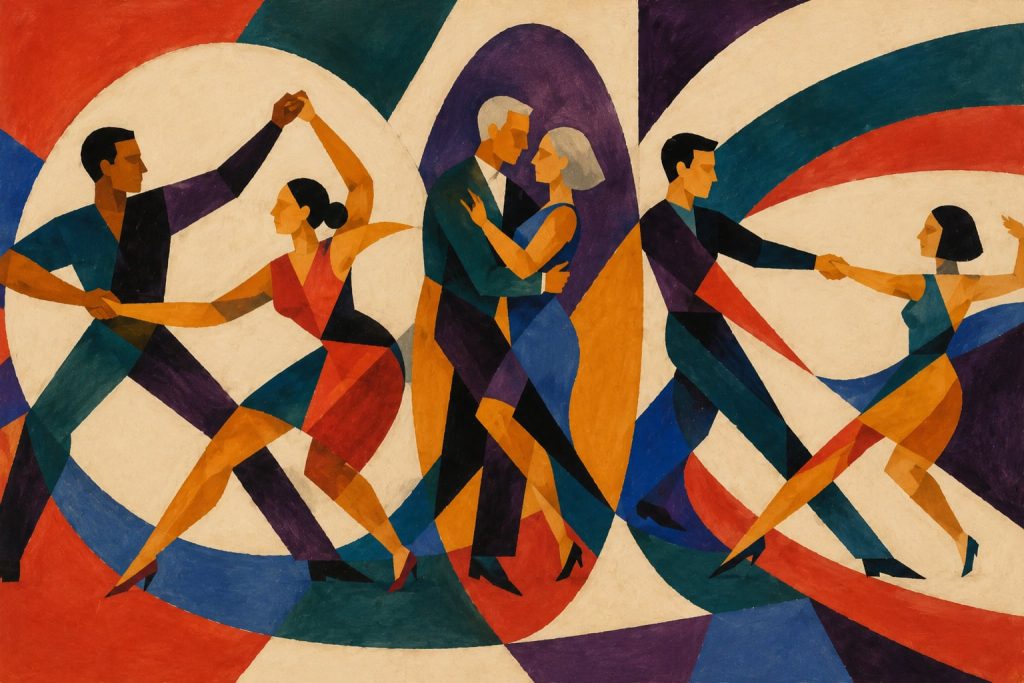 Geometric painting of three swing couples using wide, close and stretched connections