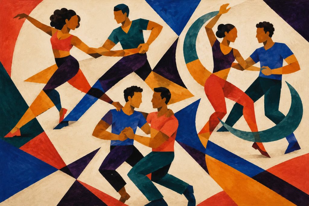 Geometric painting of three salsa couples using linear, circular and compact movement