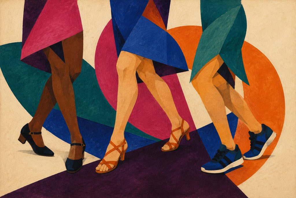 Geometric painting of three women wearing practical salsa shoe styles