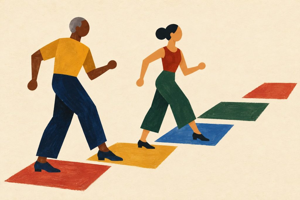 Two adult jazz beginners practise grounded walking steps on diagonal painted practice marks