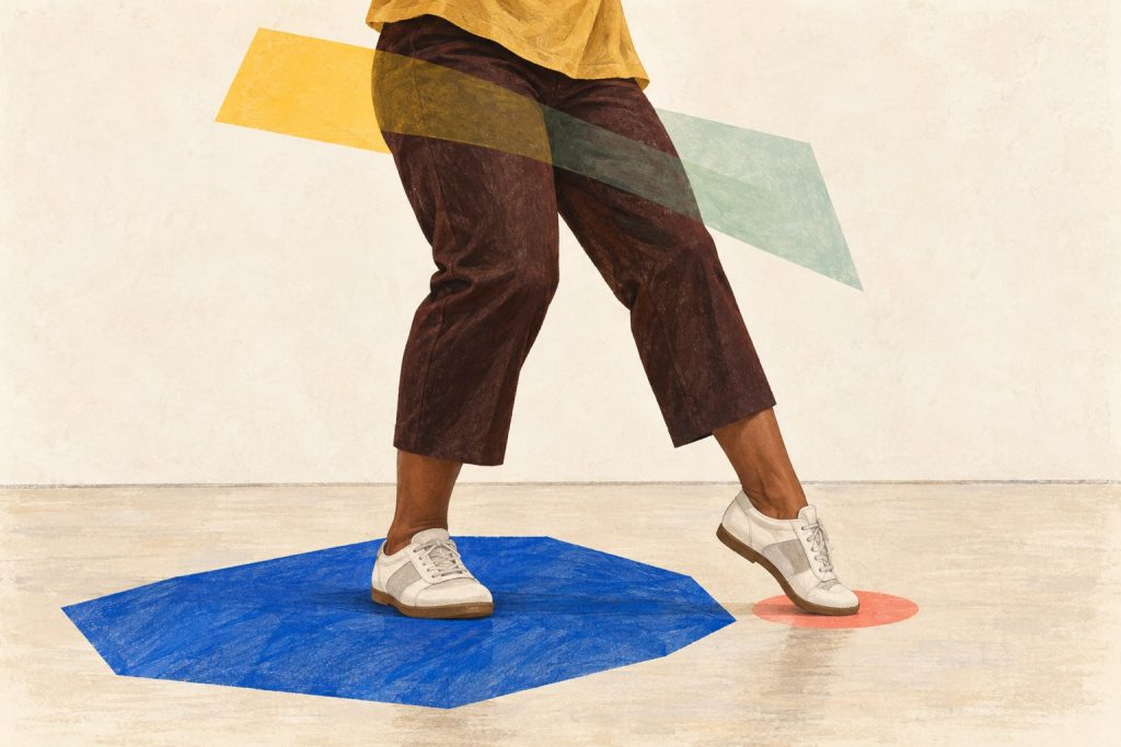 Close view of a Bachata dancer with one foot fully weighted and the other making a light toe tap