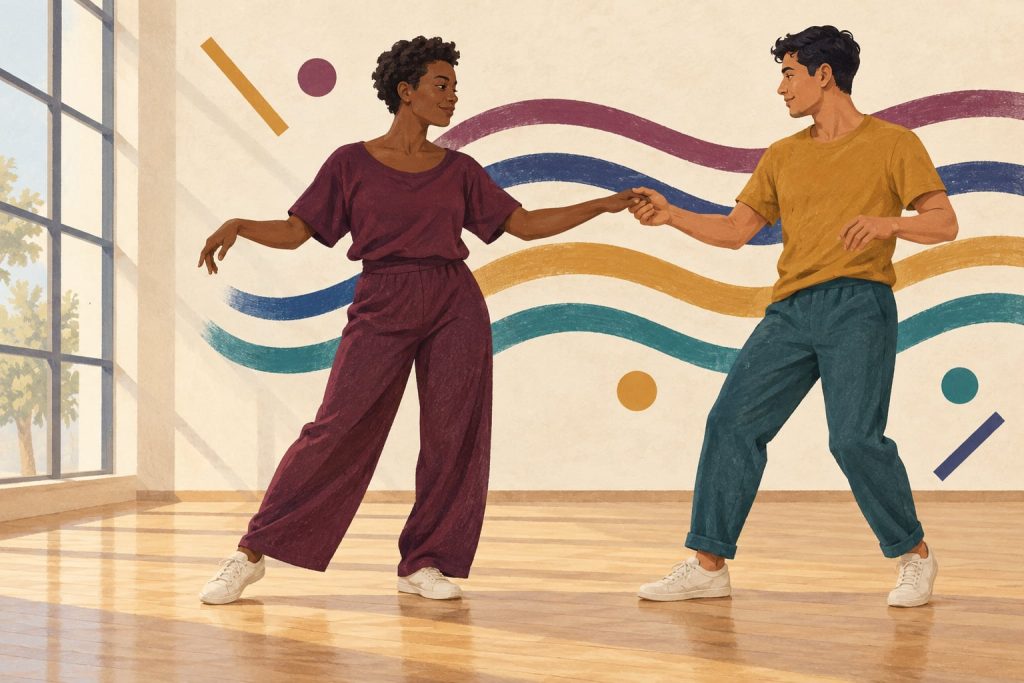 Two Bachata dancers practising in an upright open hold with painted wave paths behind them