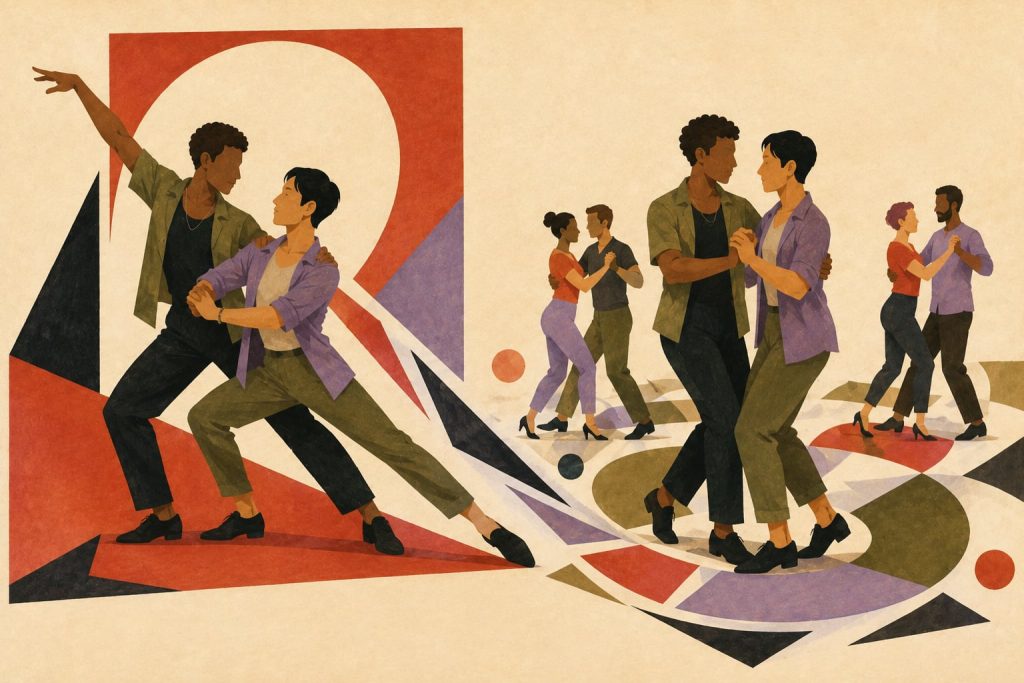 Geometric comparison of a staged bachata demo and compact social dancing