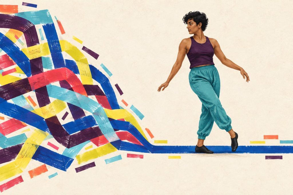 Dancer follows one clear painted path away from a tangled bundle of repeated practice routes