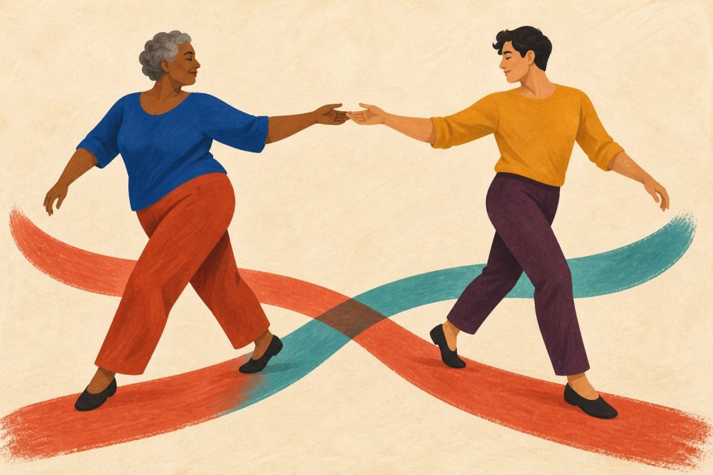 Two dancers exchange a light hand connection above crossing painted pathways while keeping their own balance